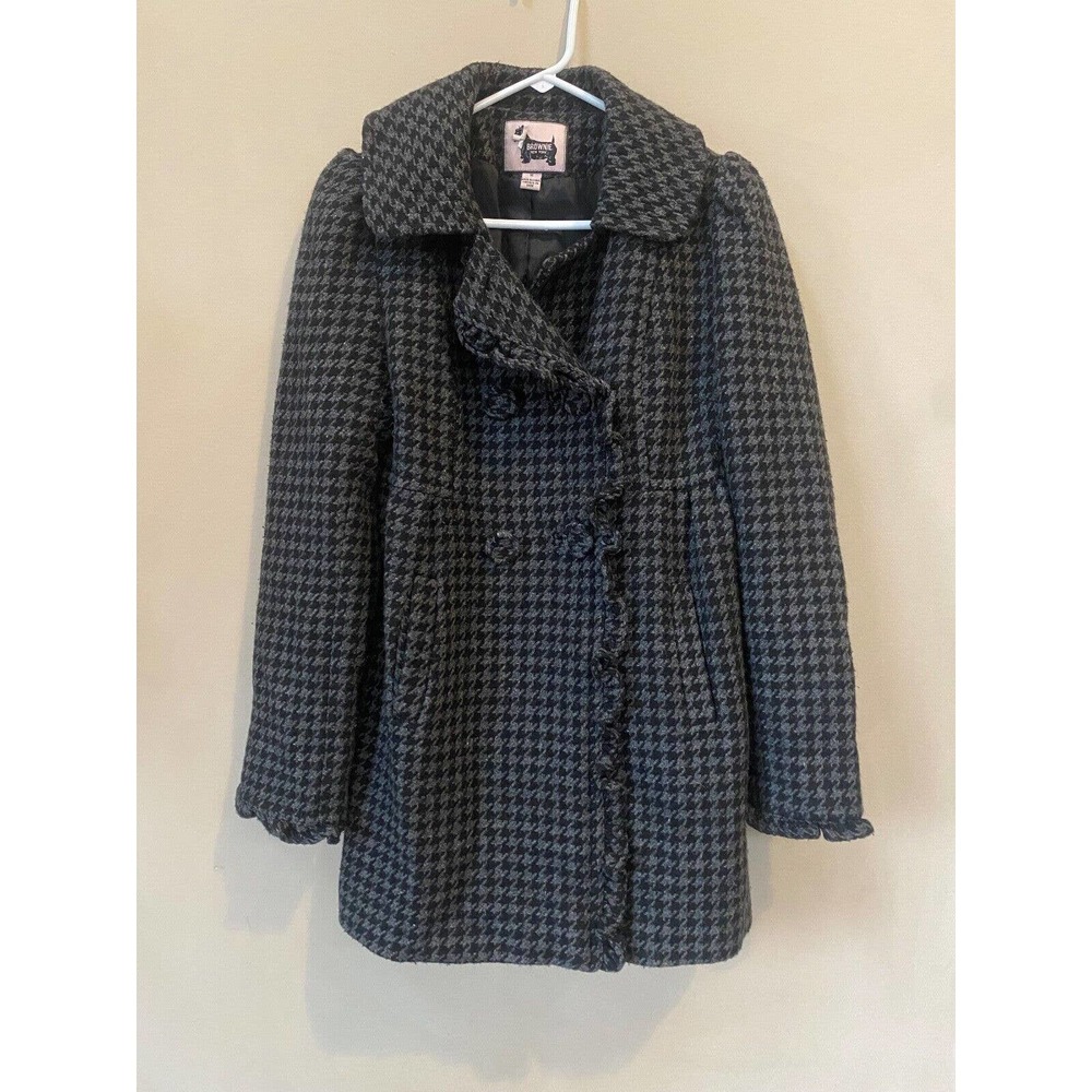 BROWNIE New York Women's Coat Black Puff Shoulder Ruffle Trim Wool Pea Size M